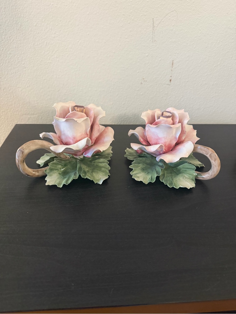 Vintage Italian CAPODIMONTE Porcelain Hand Painted Flower Candle Holders Pair